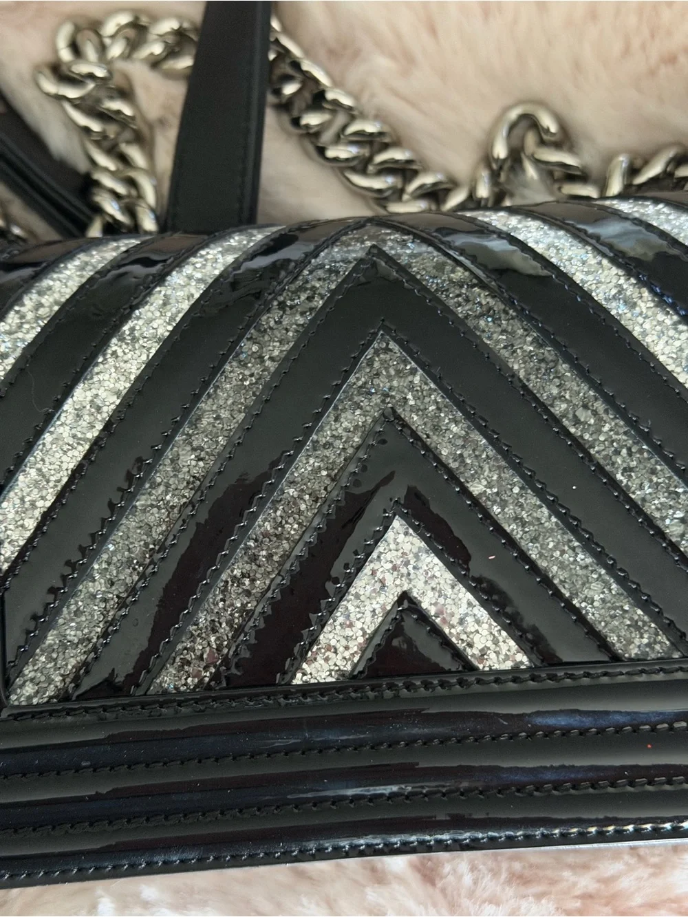 CHANEL Black & Silver Chevron Patent Glitter PVC Small Boy Bag Silver HDW